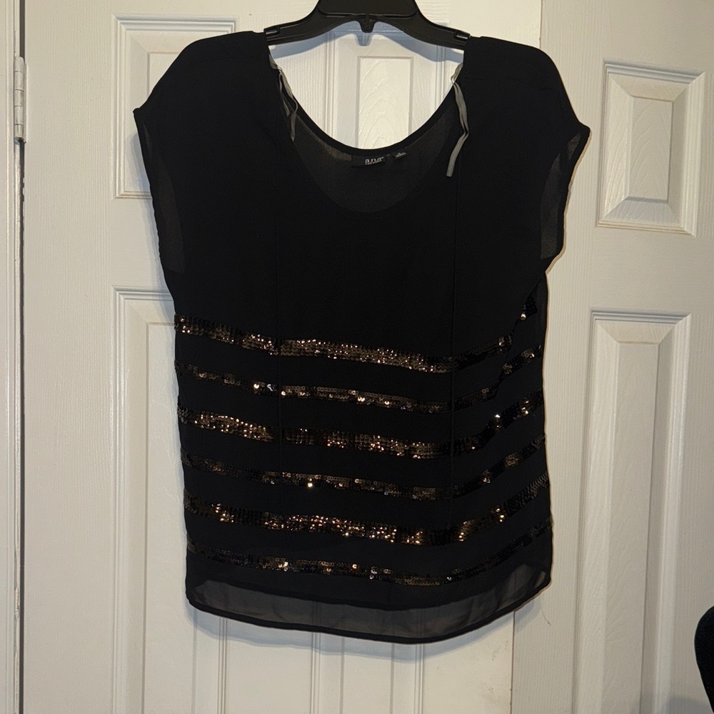 a.n.a Black Blouse with Gold Sequin Stripes